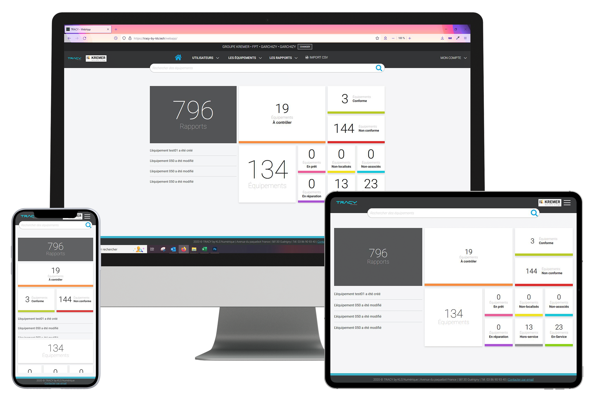 Interface responsive de notre application TRACY pour gérer des parcs d'équipements